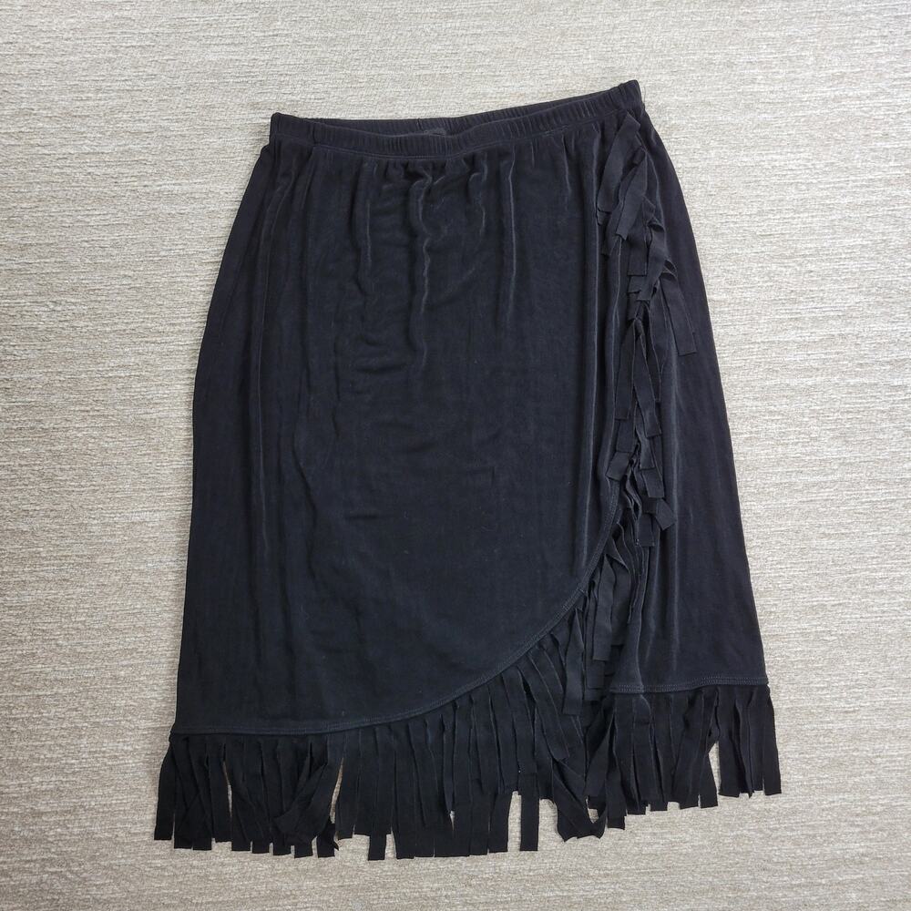 Chicos Travelers Fringe Skirt Womens XL Black Ribbed Faux Wrap Slinky Rodeo